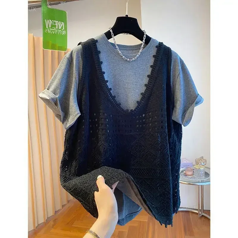 Women's Clothes T Shirts Suit 2 Piece Sets Loose White T Shirts Hollow Out Knit Vest Outfits Fashion Casual Summer Two Piece Set