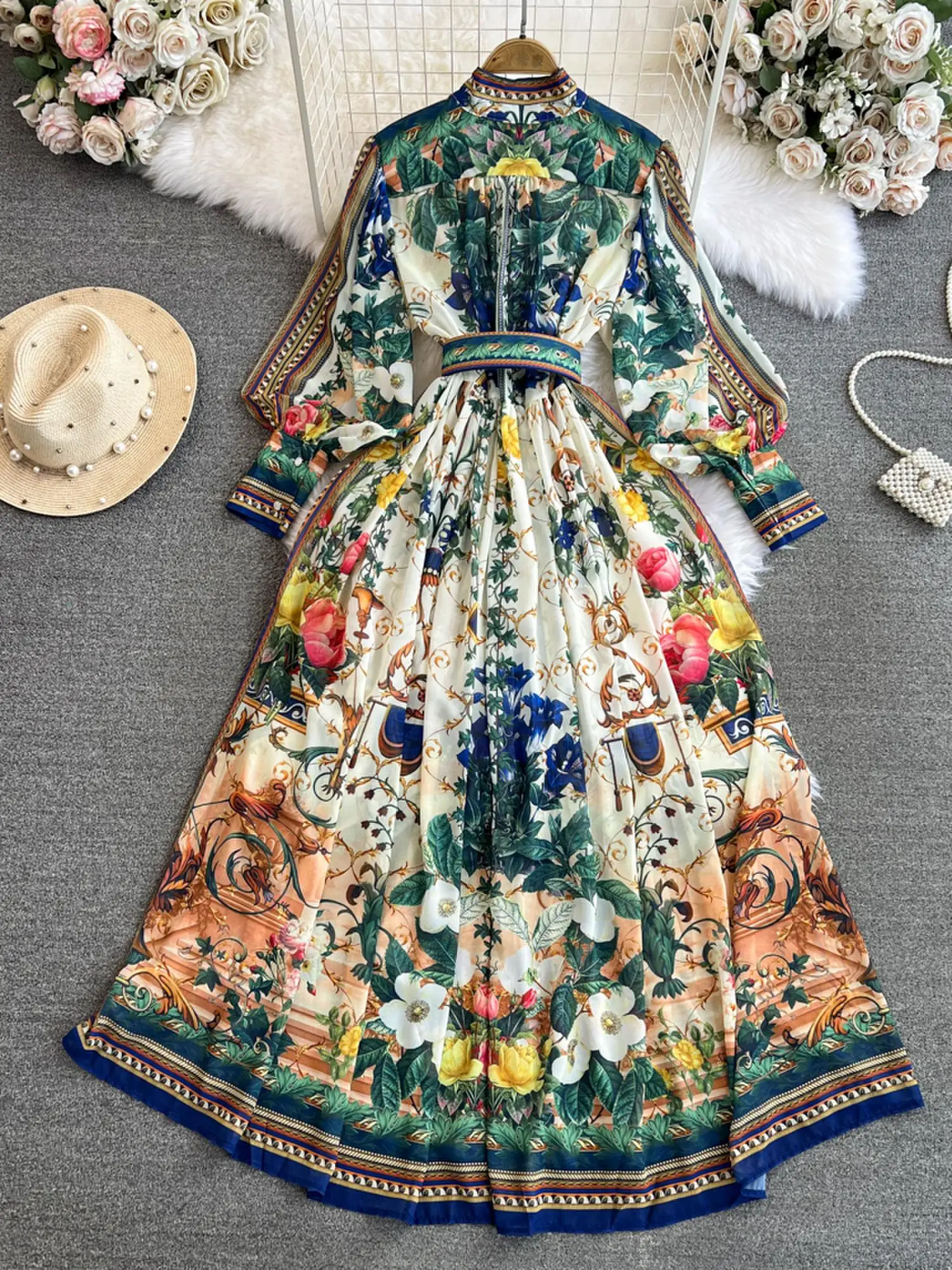 2024 Fashion Chiffon Gorgeous Flower Print Maxi Dress Women\'s Stand Single Breasted Long Lantern Sleeve Belt Boho Robe Vestidos