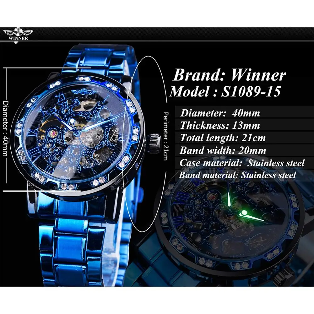 Winner Fashion Watches Classic Rhinestone Clock Roman Analog Male Skeleton Clocks Mechanical Stainless Steel Band Luminous Watch