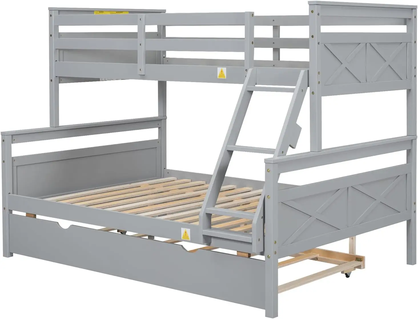 Merax Trundle Bunk Bed, Twin Over Full Wood Bunk Bed with Twin Size Trundle, Solid Wood Bunk Bed Frame with Guardrail