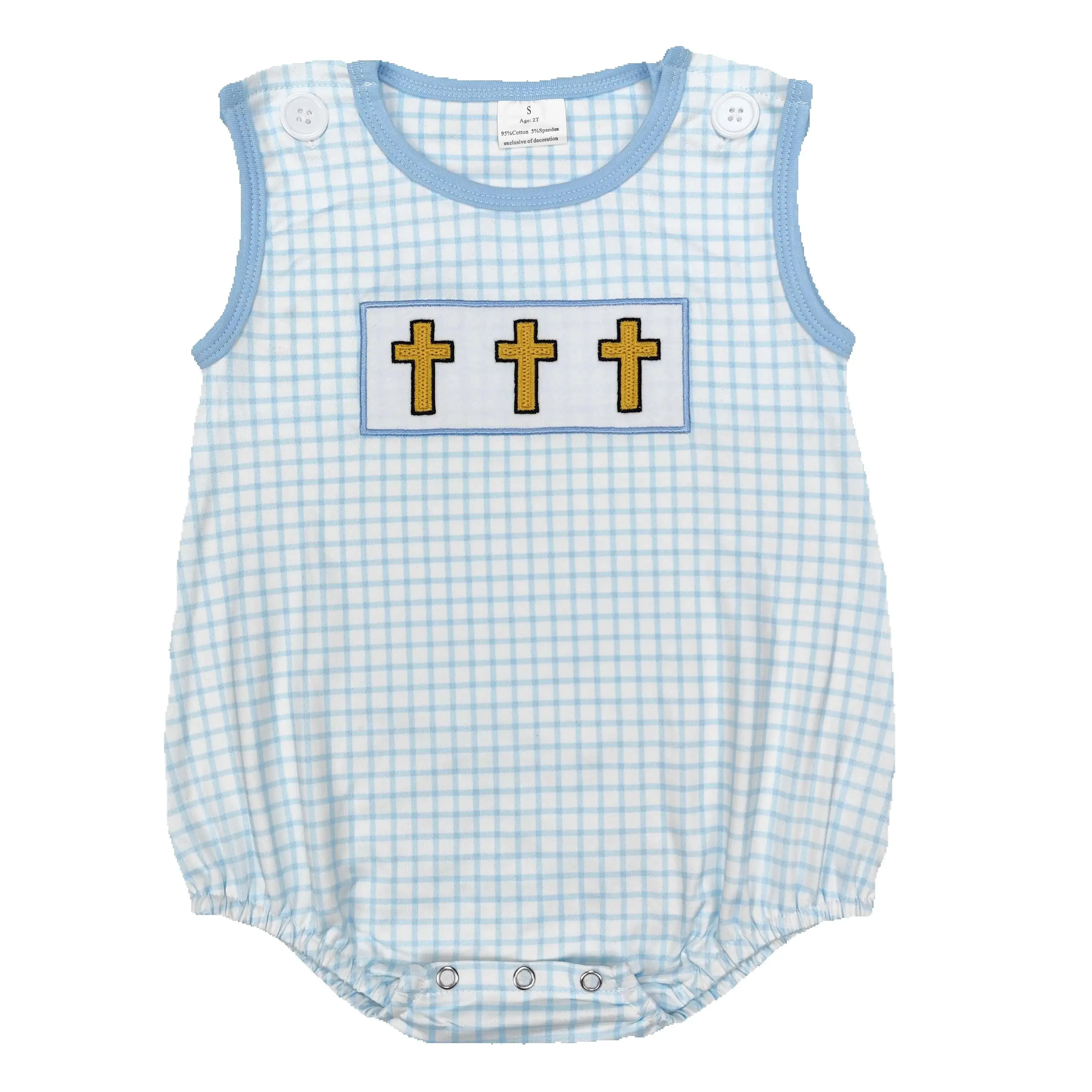 

SR2505 Embroidery Baby Infant Boys Blue Checkered Easter Cross Rompers