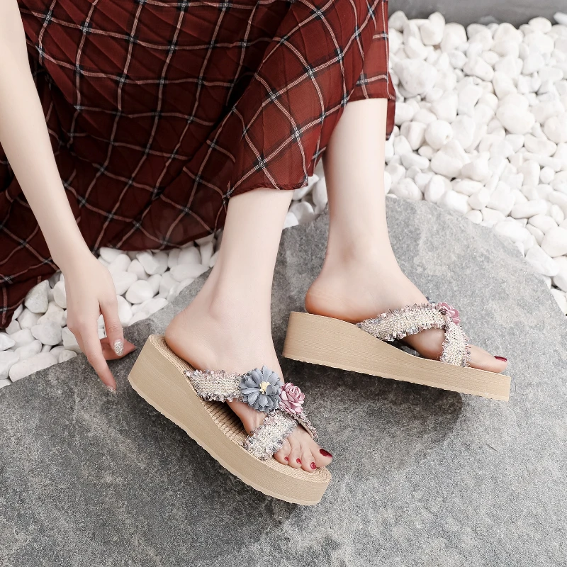 Flower Flip Flops Slippers Women Clip Toe Summer Non-Slip Beach Fashion Wedges Ladies Shoes 2023 Hot Sale Comfy Outdoor Slippers