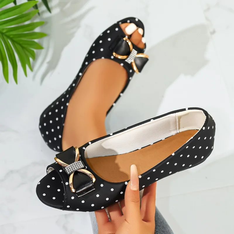 Fashion Bow Decor Casual Open Toe Flat Women's Sandals 2026 New Polka Dot Comfort Casual Shoes for Women   