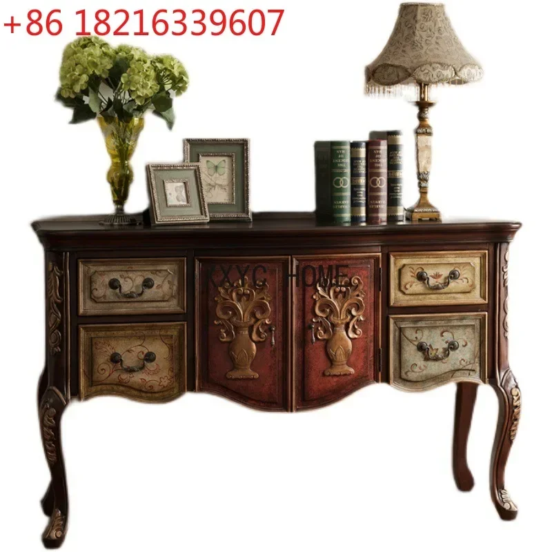 TAO Wall Cabinet Four Buckets Double Door Storage Sideboard Cabinet Carved Solid Wood Bottle Hall Cabinet