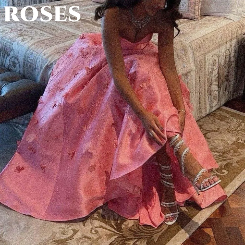 ROSES Hot Pink Elegant A Line Prom Dress Sweetheart 3D Flowers Formal Gown with Crystal Party Dress for Woman 프롬 드레스 Customized image 3