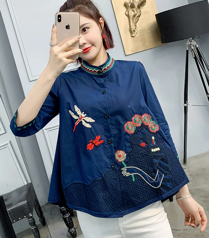 2023 Summer New Embroidery Women Blouse And Shirts Embroidery Loose A-Line Half Sleeved Office Lady White Shirts Outwear Tops