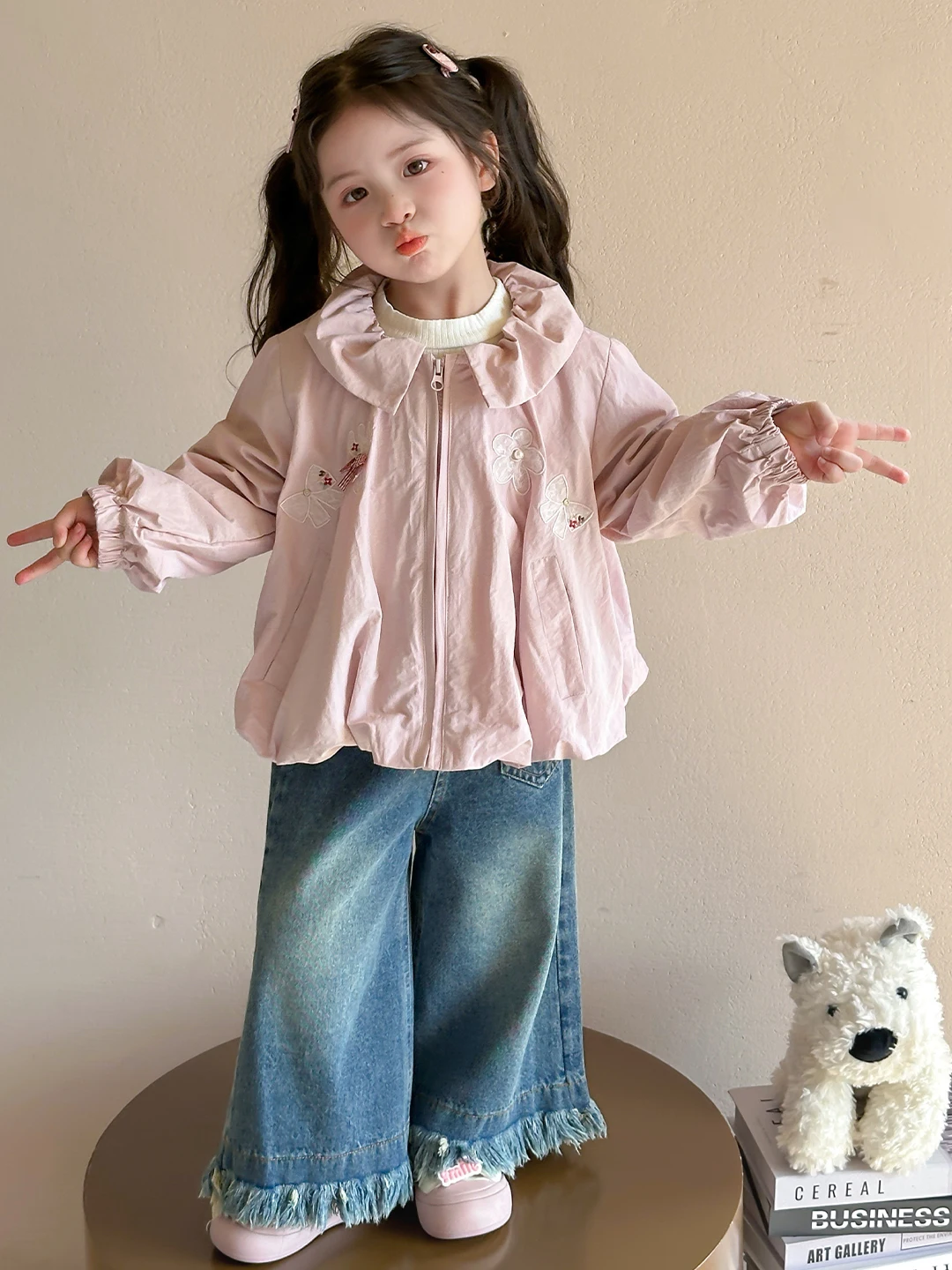 

Spring Autumn Thin Doll Collar Girls Coat Knot Casual Loose Sle Children Faionable Outerwear Fem Baby Clothes