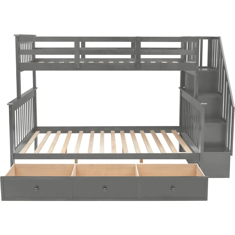 Lit Double Superposé avec Escaliers et Rangement, Ailes de Proximité, Cadre de Lit Superposé en Bois Dur pour Enfants, Adolescents, Adultes, Chambre à Coucher, Dortoir