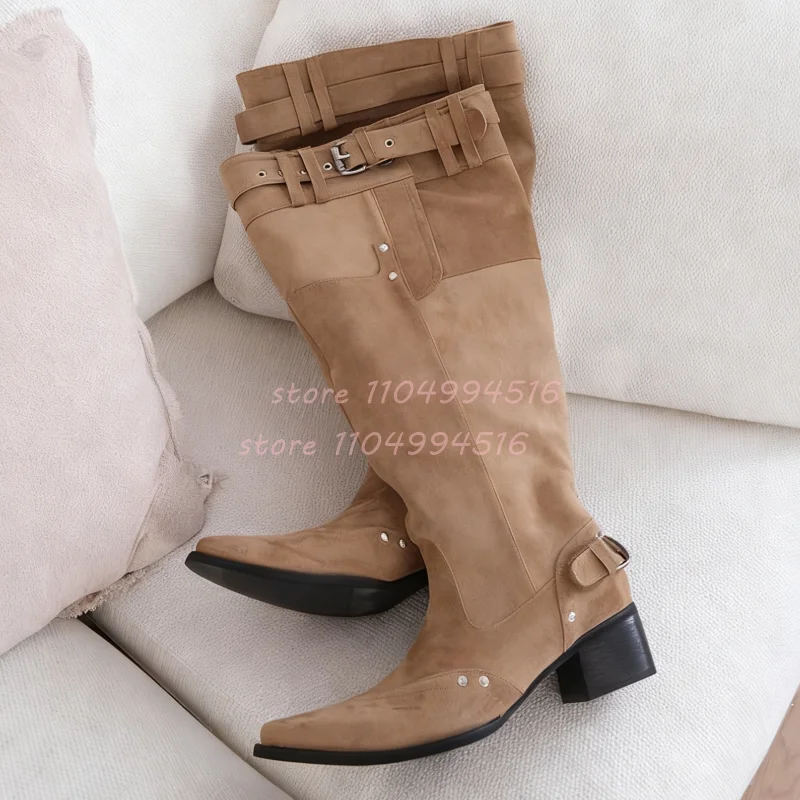 جلد أسود كعب مكتنز مطوي حذاء برقبة للركبة النساء البني الجلد المدبوغ الأحذية الغربية موضة خمر وأشار الانزلاق على أحذية الحفلات
