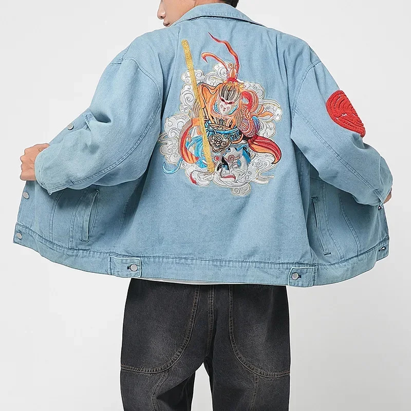 

Men Sun Wukong Embroidery Tang Suit Chinese Style Denim Jackets Streetwear Casual Coats Harem Pants Harajuku Trousers Tops Shirt