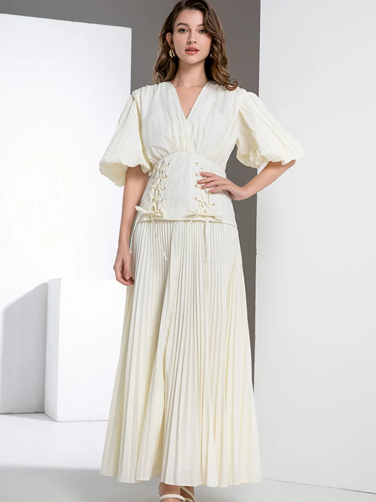 

SMTHMA Solid Patchwork Lace Up Elegant Dresses For Women V Neck Puff Sleeve Temperament Slimming Dresses Female Fashion