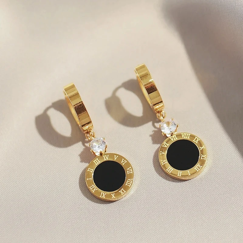 

2025 Classic Stainless Steel Round Pendant Earrings for Women Korean Fashion Roman Digital Hypoallergenic Elegant Jewelry Gifts​