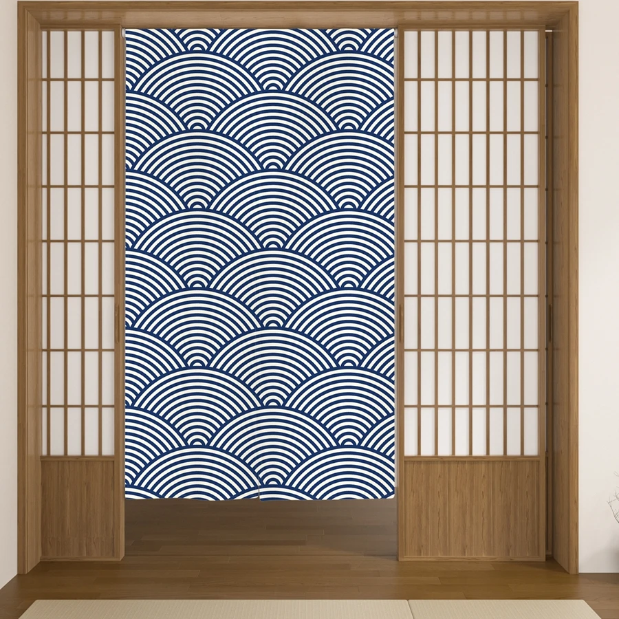 Blue Japanese Door Curtain Noren Ukiyo-e Wave Bathroom Kitchen Living Room Doorway Partition Blackout Linen Half Curtains