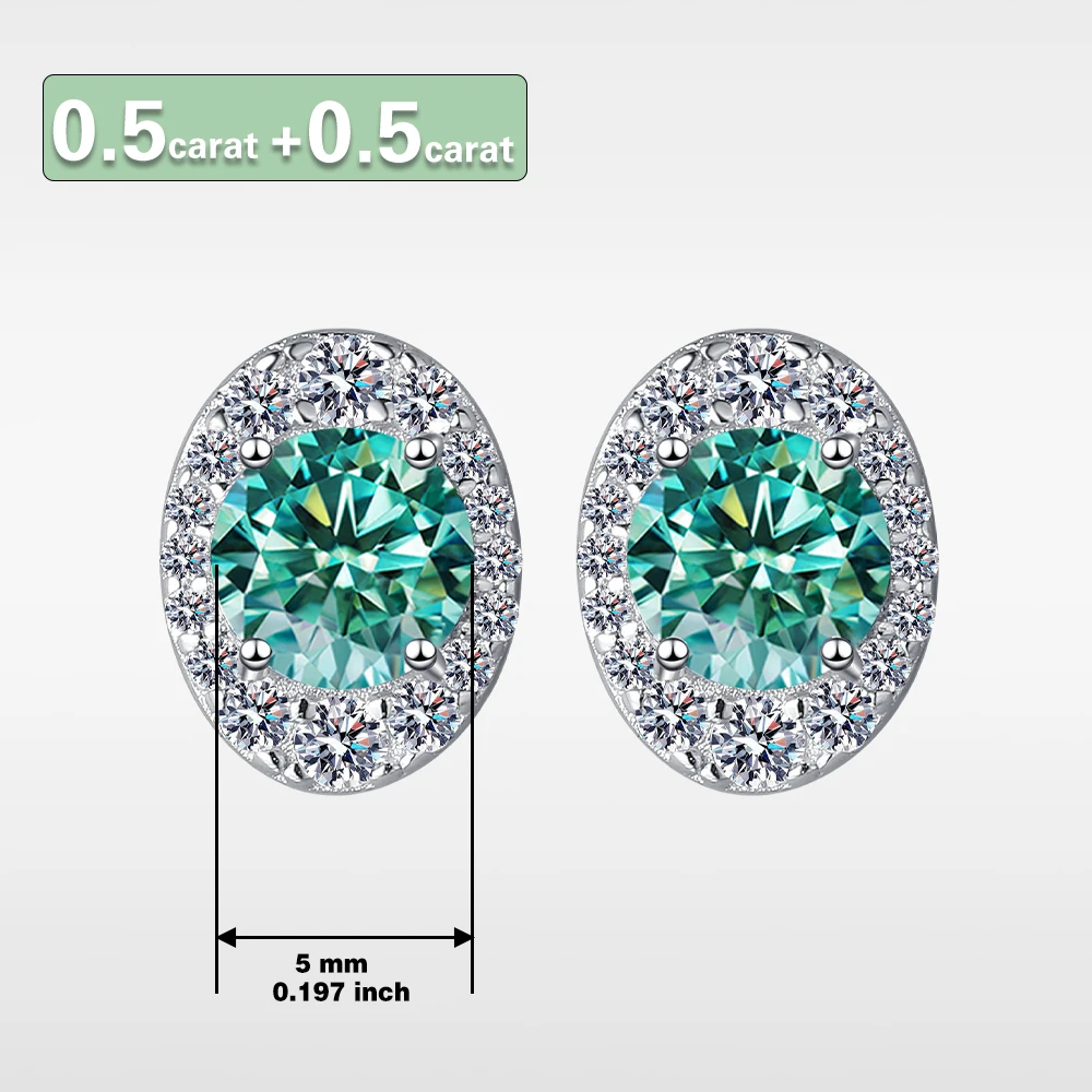 A pair of S925 sterling silver cyan stud earrings, oval bracket wrapped round GRA moissanite simple elegant earrings