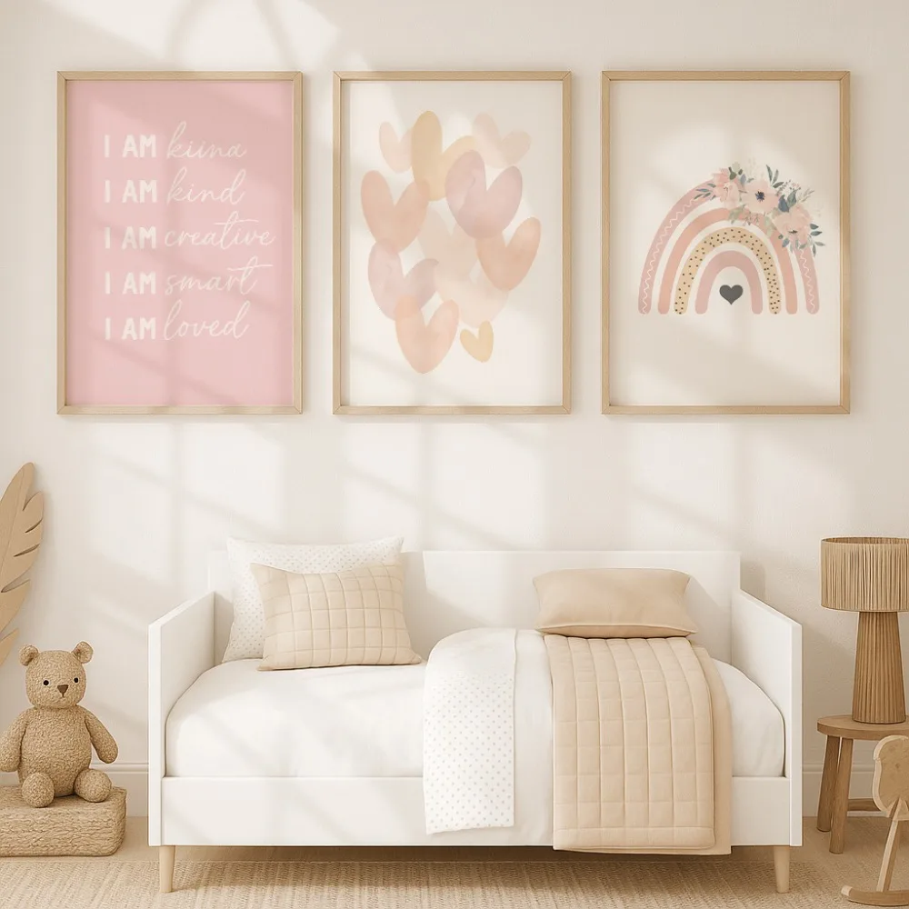 3pcs Frameless,Neutral Nursery Canvas Wall Art Print Bohemian Rainbow Heart Quotation Poster,Bedroom Living Room Home Wall Decor