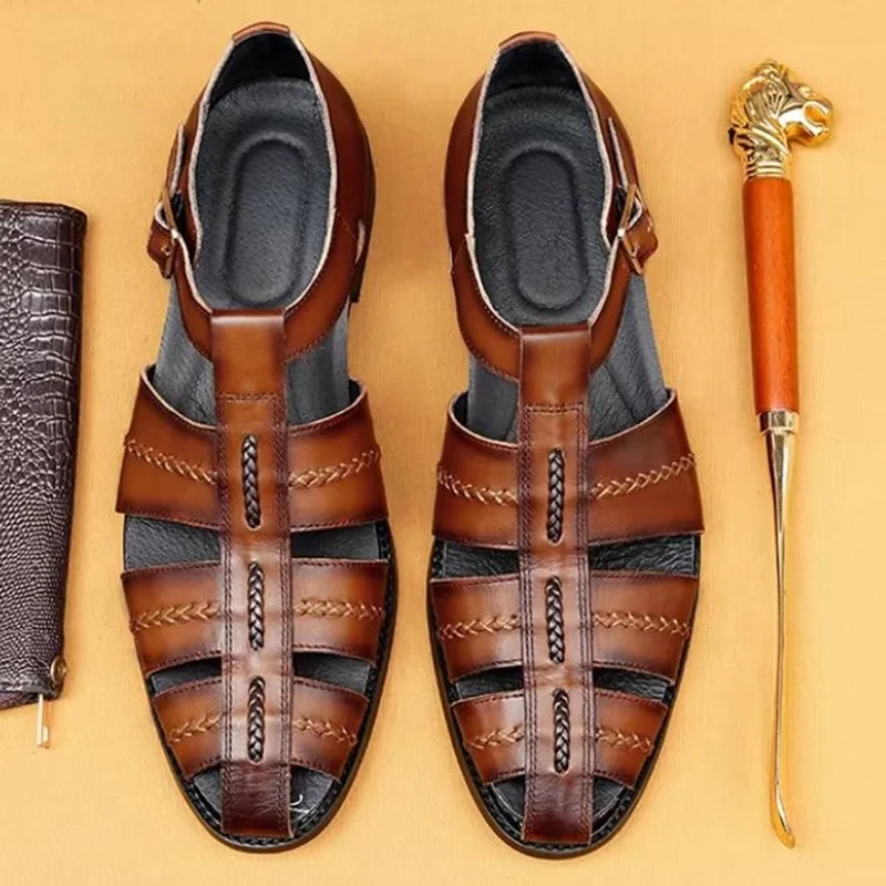 

Summer New Style Classic Cowhide Men's Leather Sandals Roman Sandals With Straps Genuine Leather Buckle Shoes Men Casual Shoes