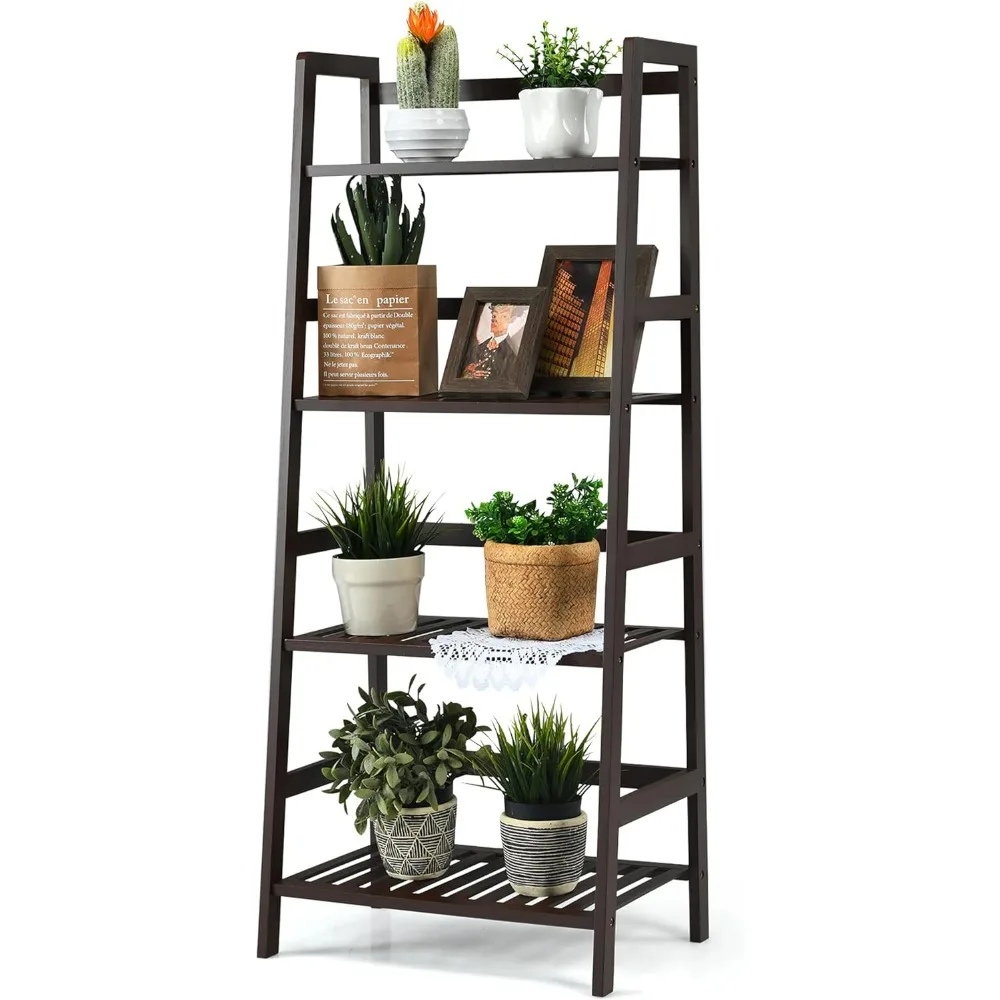 

4-Tier Ladder Shelf, Rustic Bookcase w/Solid Bamboo Structure, Free Standing Storage Bookshelf for Living Room, Kitchen,