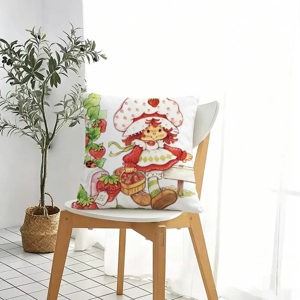 Pink S-Strawberry Shortcake  Square Double-Sided printed Pillow Case Bedroom Bedside Pillow Sofa Cushion Cover Gift
