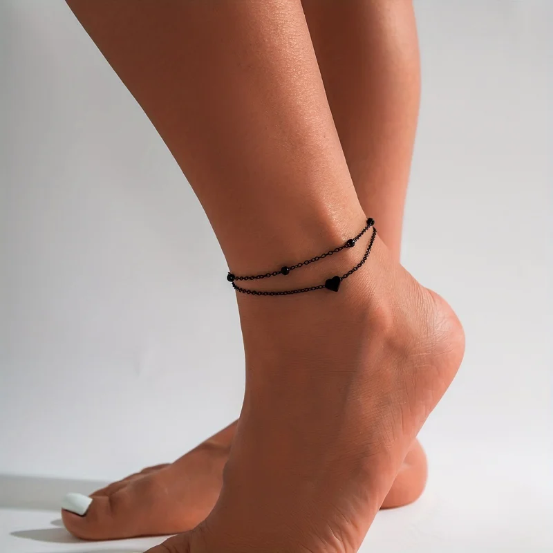 Double Tiny Heart Chain Anklets for Men and Women, Adjustable
