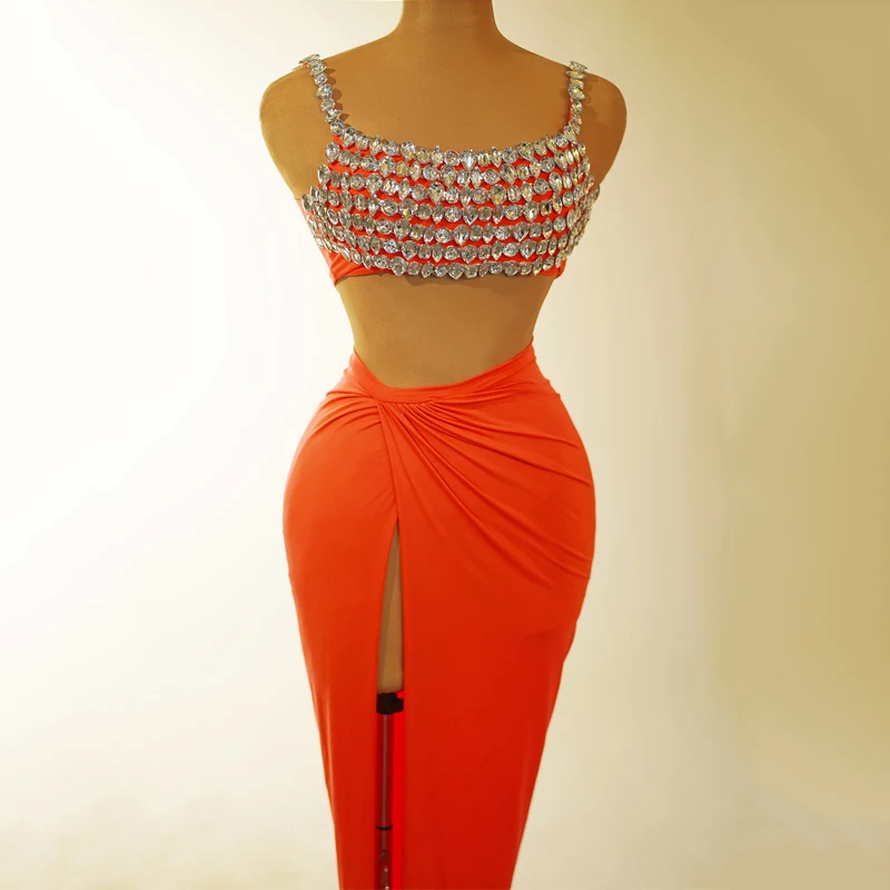 Nowy seksowny strój do tańca na rurze błyszczące Rninestones górna spódnica z rozcięciem damskie świętuj Gogo kostiumy tancerza sceniczny zestaw ubrań festiwalowych