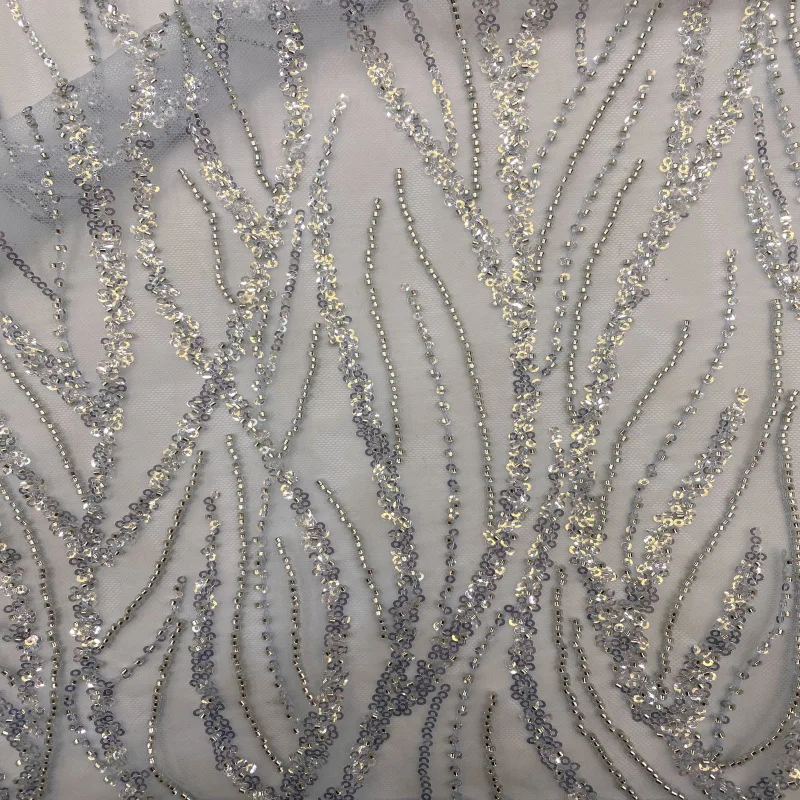 Tissu en maille brodée pour robe de cocktail, perles argentées, dentelle tube à paillettes, matériel de robe de soirée, fleur de mariage, 6 couleurs, 3cm