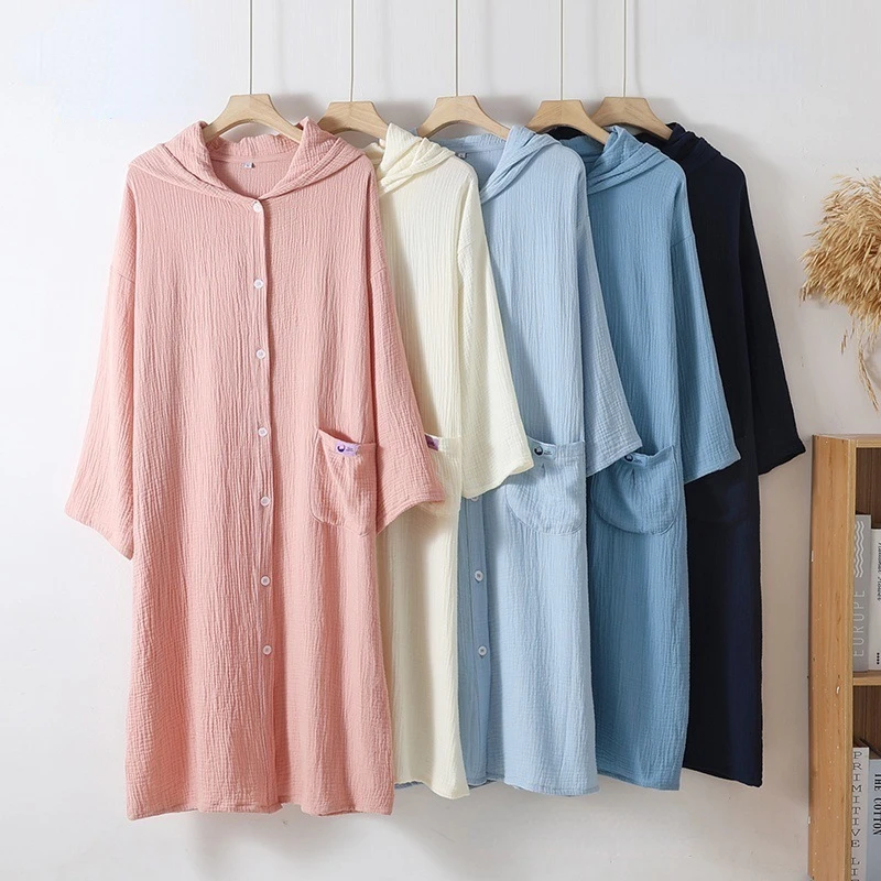 Double Yarn Cotton Loose Cardigan Button-up Hooded Long-sleeved Bathrobe Nightgown Solid Pocket Loungewear