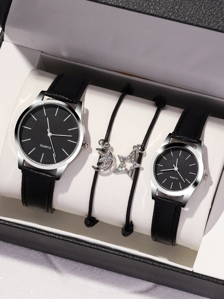 4pcs fashionable and simple round dial quartz watch paired with diamond studded star moon bracelet set for couples watch set