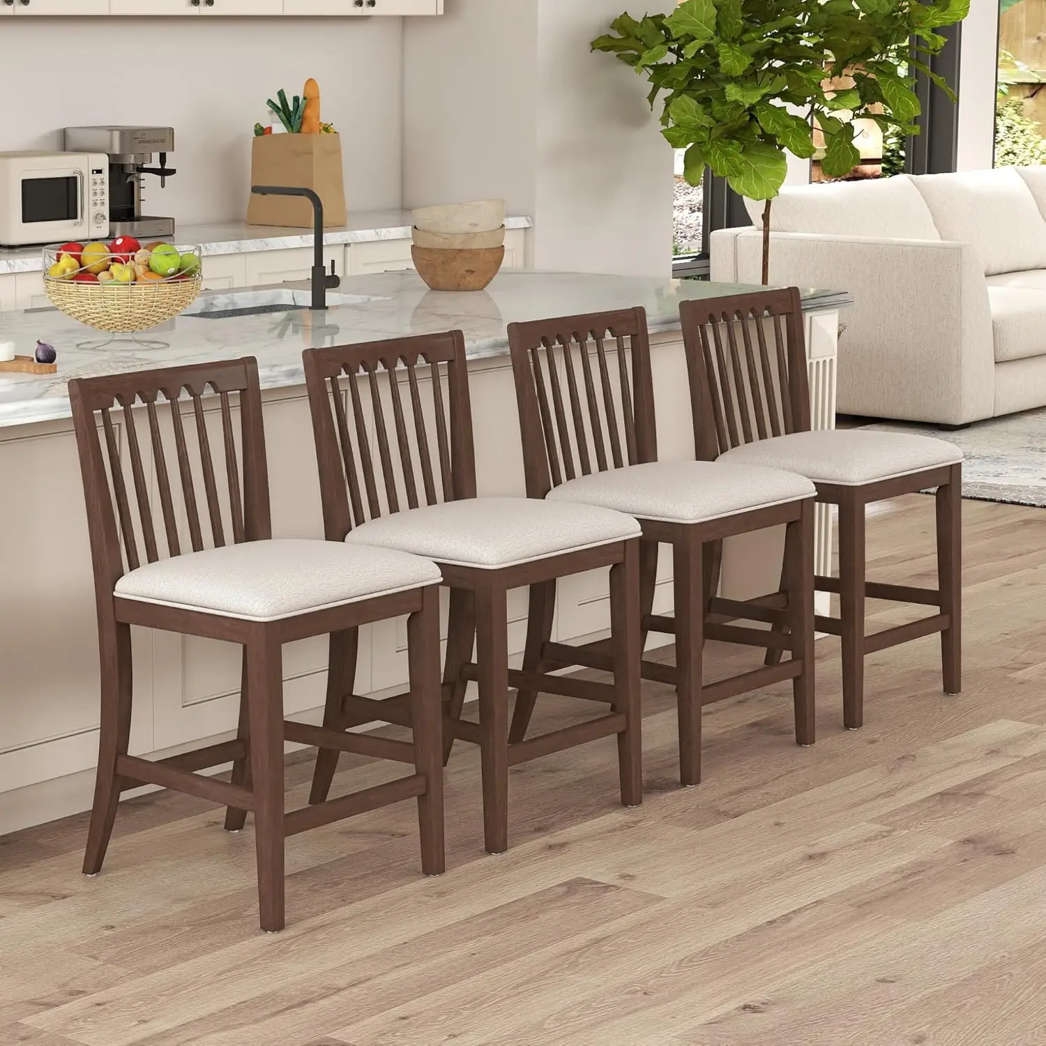 

25" Bar Stools Set of 4 Linen Upholstered Armless Bar Stool with Spindle Slat Back, Rubber Wood Footrest Counter, Customized