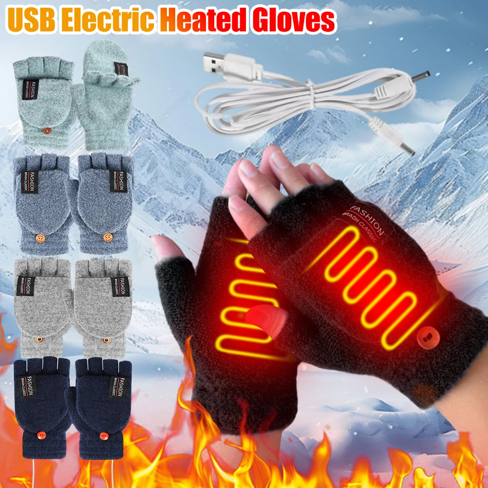 

USB Heating Gloves Double-Sided Heating Gloves Washable Rechargable MittensThermal Fingerless Hand Gloves Outdoor Warmer Gloves