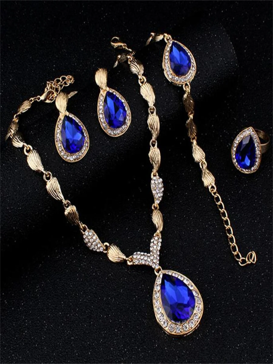 Blue sapphire alloy ring necklace earrings bracelet set of four High-grade alloy jewelry accessories for womna