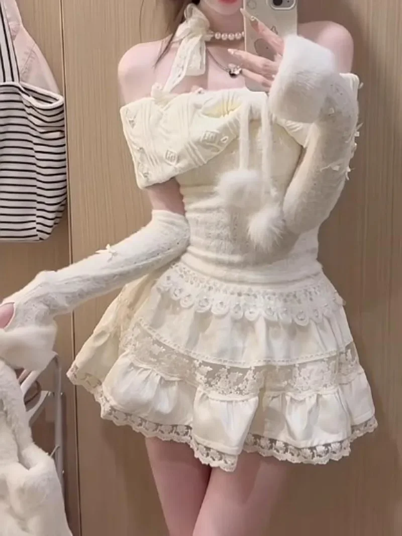 

Sweet Hot Girl Pure Sexy Suit Women's Autumn Winter Off Shoulder Slim Top High Waist A-line Skirt Two-piece Set Female Clothes