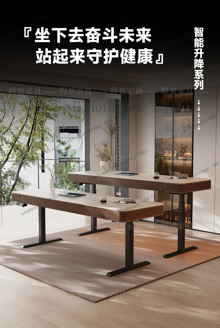 HJ Retro Travertine Rock Slab Electric Lifting Bar Table Household Computer Desk Office Dual Motor Lifting Table