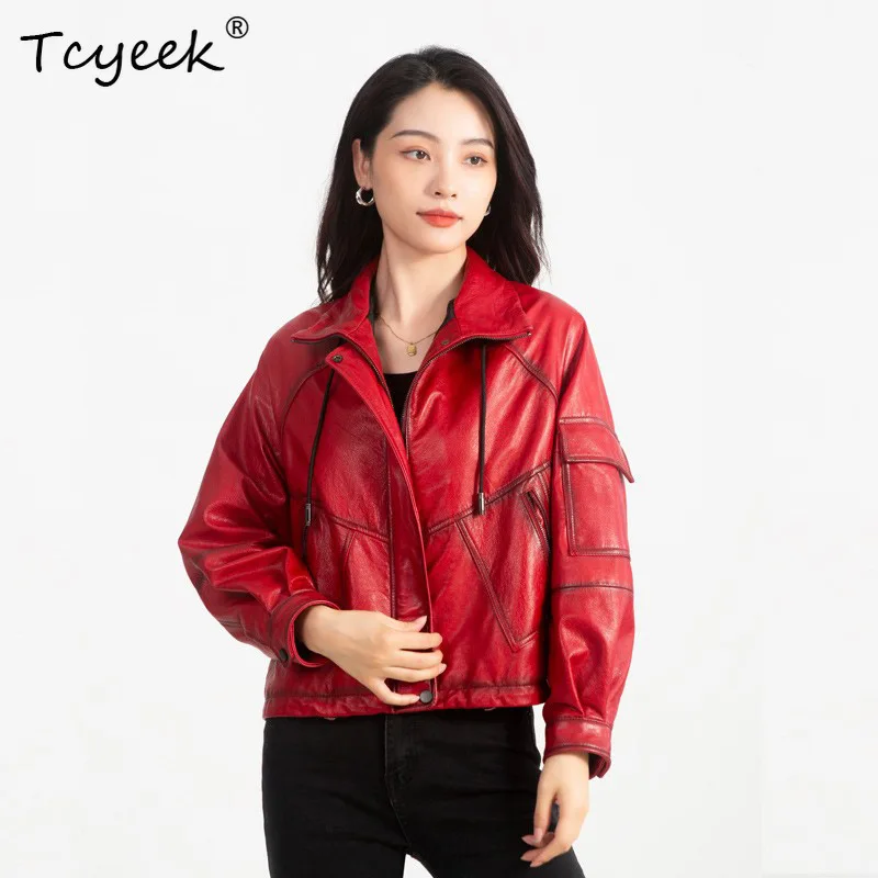 Tcyeek Real Leather Jacket Women Oil Wax Cowhide Coat Motocycle Jackets Woman Spring Autumn Clothes Loose Fit Jaqueta De Couro