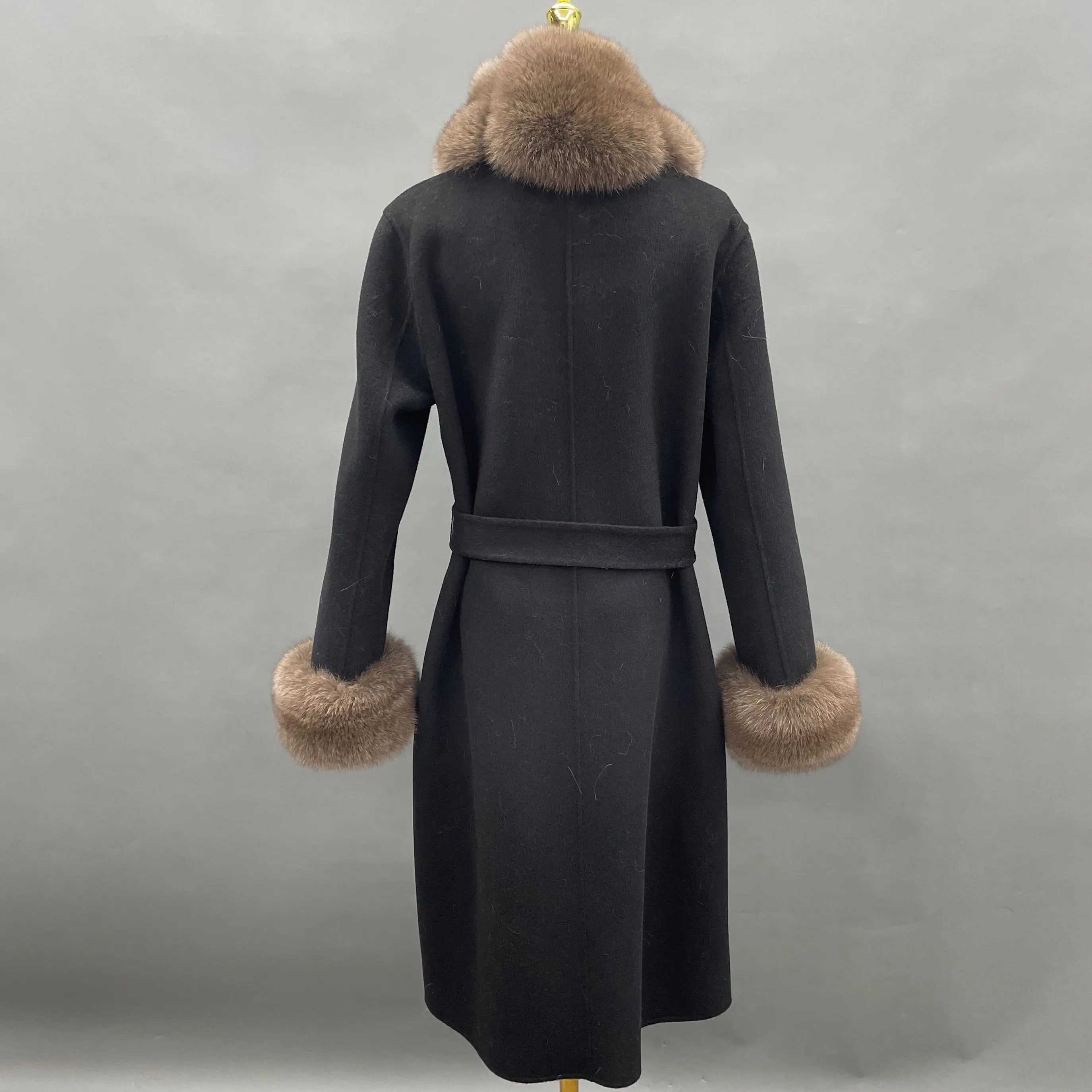 JANEFUR Winter Long Cashmere Coat with Real Fox Fur Trim 2023 New Fashion Luxury Belted Natural Fur Wool Coat