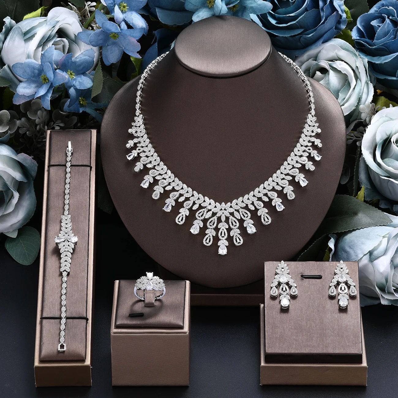 

Trendy Luxury 4PCS Wedding Jewelry Set For Women Wedding Party Zirconia Dubai Bridal jewelry Set 2024