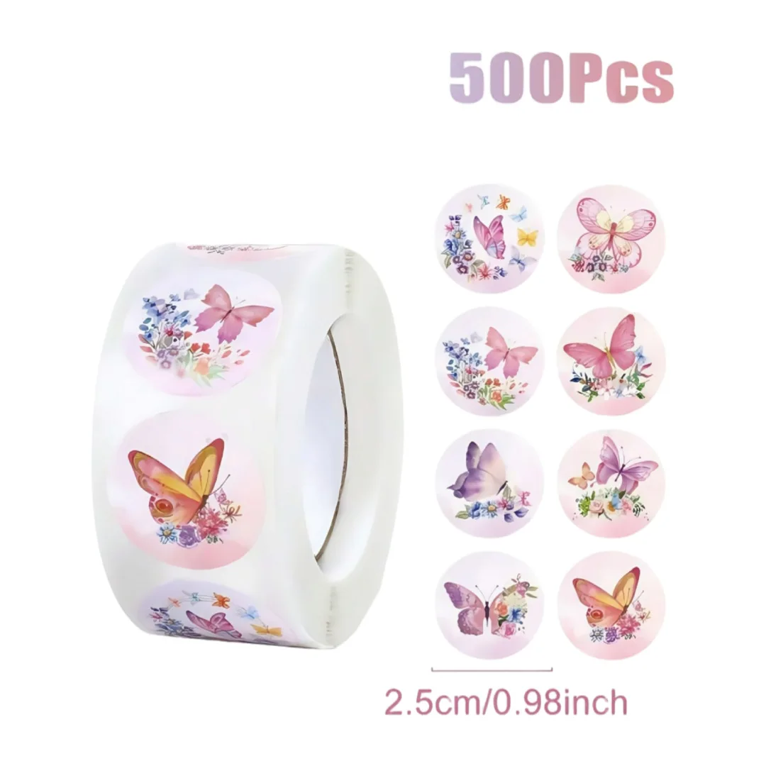 500Pcs Roll Round Multicolor Butterfly Stickers Cute Envelope Sealing Labels for Gifts Notebooks Kettles Phone Cases