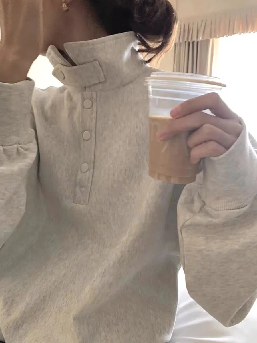 سترة نسائية كورية التصميم بياقة عالية متعددة الاستخدامات للخريف والشتاء، فضفاضة ونحيفة بياقة مفتوحة عصرية