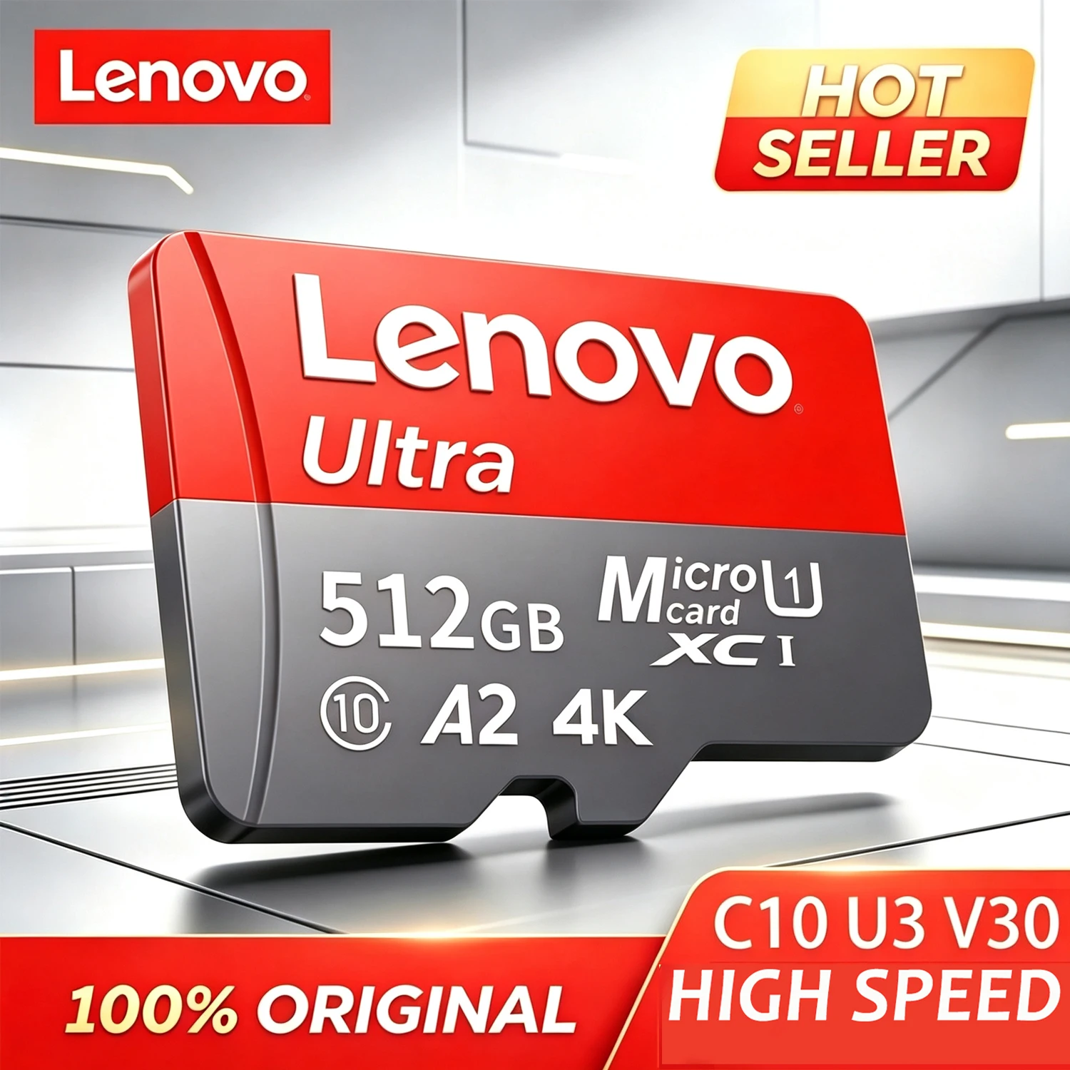 Carte Micro SD haute vitesse Lenovo 512 Go V30 U3, carte mémoire Flash 128 Go classe 10 4K Full HD TF pour caméra GoPro et drone