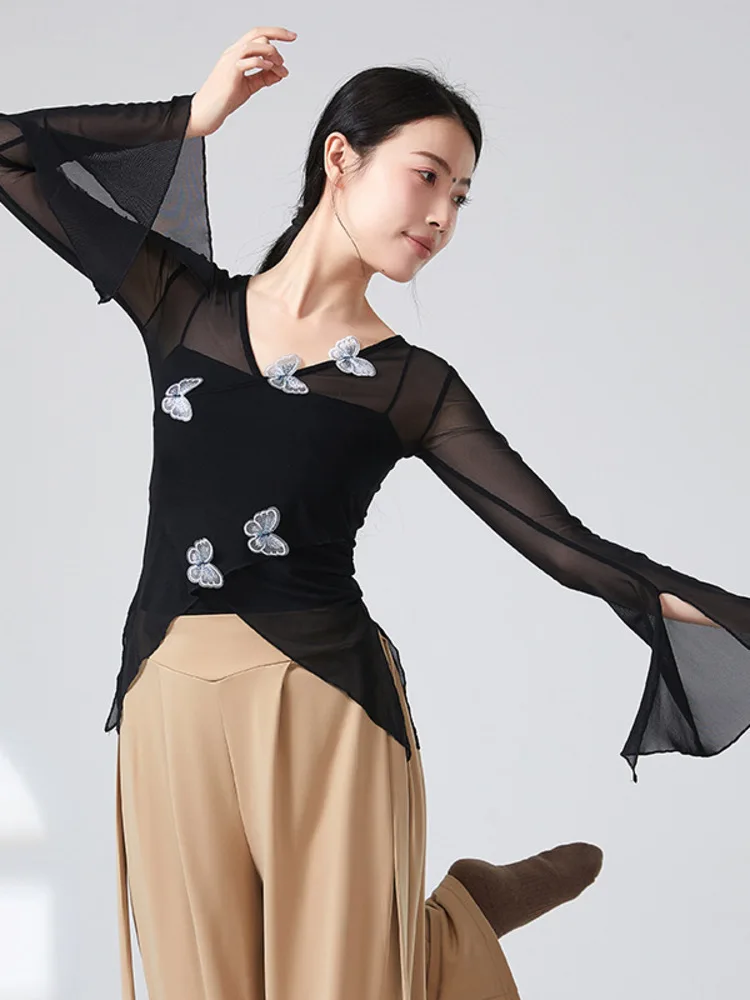 3D-Schmetterlings-Mesh-Tanzoberteil mit Glockenärmeln für Damen, langärmelig, schmale Passform, moderne Bühnenbekleidung, zeitgenössisches Jazz-Performance-Shirt
