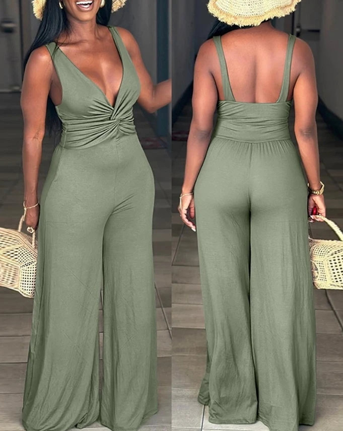 Women's Sexy Plunge Twisted Ruched Jumpsuit Female Casual Vacation Clothing 2024 Summer New Fashion Women Thick Strap Jumpsuits