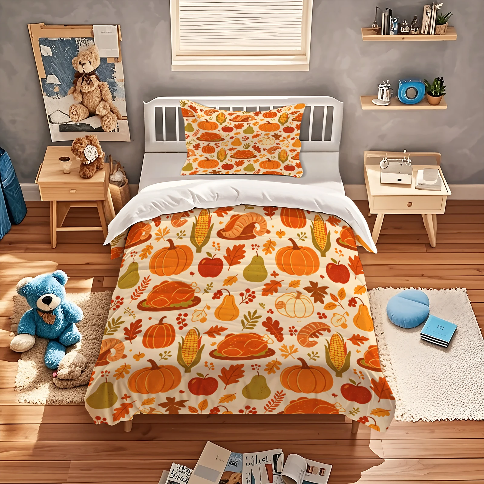 Thanksgiving Duvet Cover Set Fall Pumpkin Maple Leaf Turkey Pattern Bedding Set Soft Microfiber Autumn Harvest Quilt Cover Decor