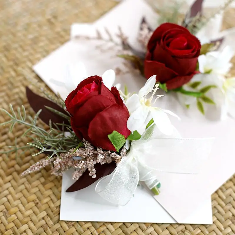 Outdoor Wedding Accessories Boutonnieres Wrist Corsage Rose Artifical Flowers Groomsman Ramillete Boda Novio