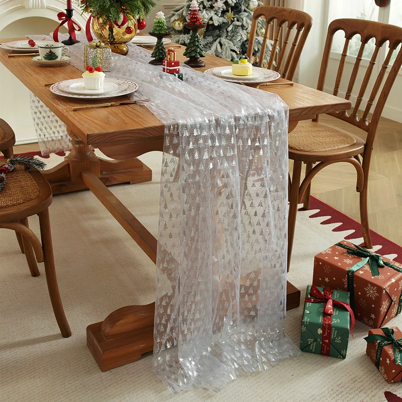White Silver Christmas Tree Sheer Gauze Table Runner Glitter Metallic Foil for Kitchen Dining Wedding Birthday Table Decorations