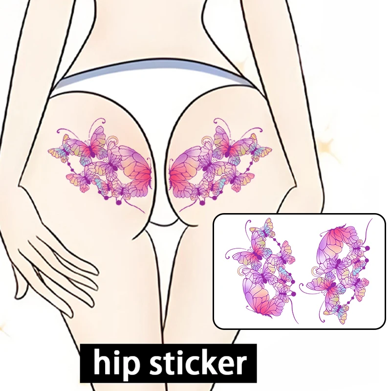Pink Butterfly Hip and Abdomen Sexy Design Temporary Sticker, Waterproof and Sweatproof, Colorful Realistic Tattoo