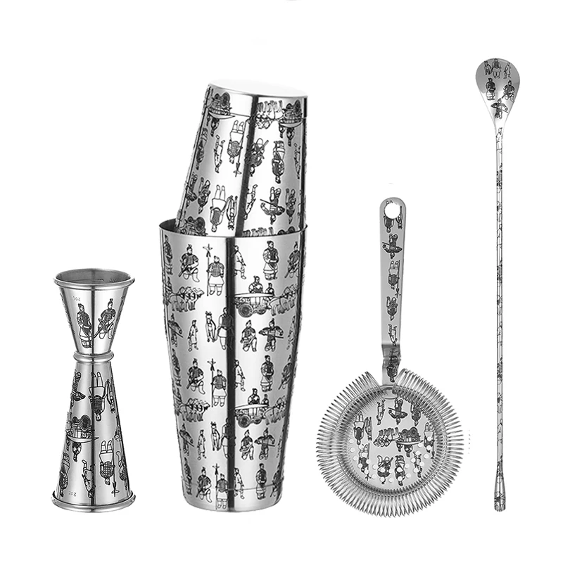 Stainless Steel 5 Piece Cocktail Set Tin-on-Tin Shaker, Jigger, Spoon and Strainer Etched W/ Skull Rose /Terracotta Army