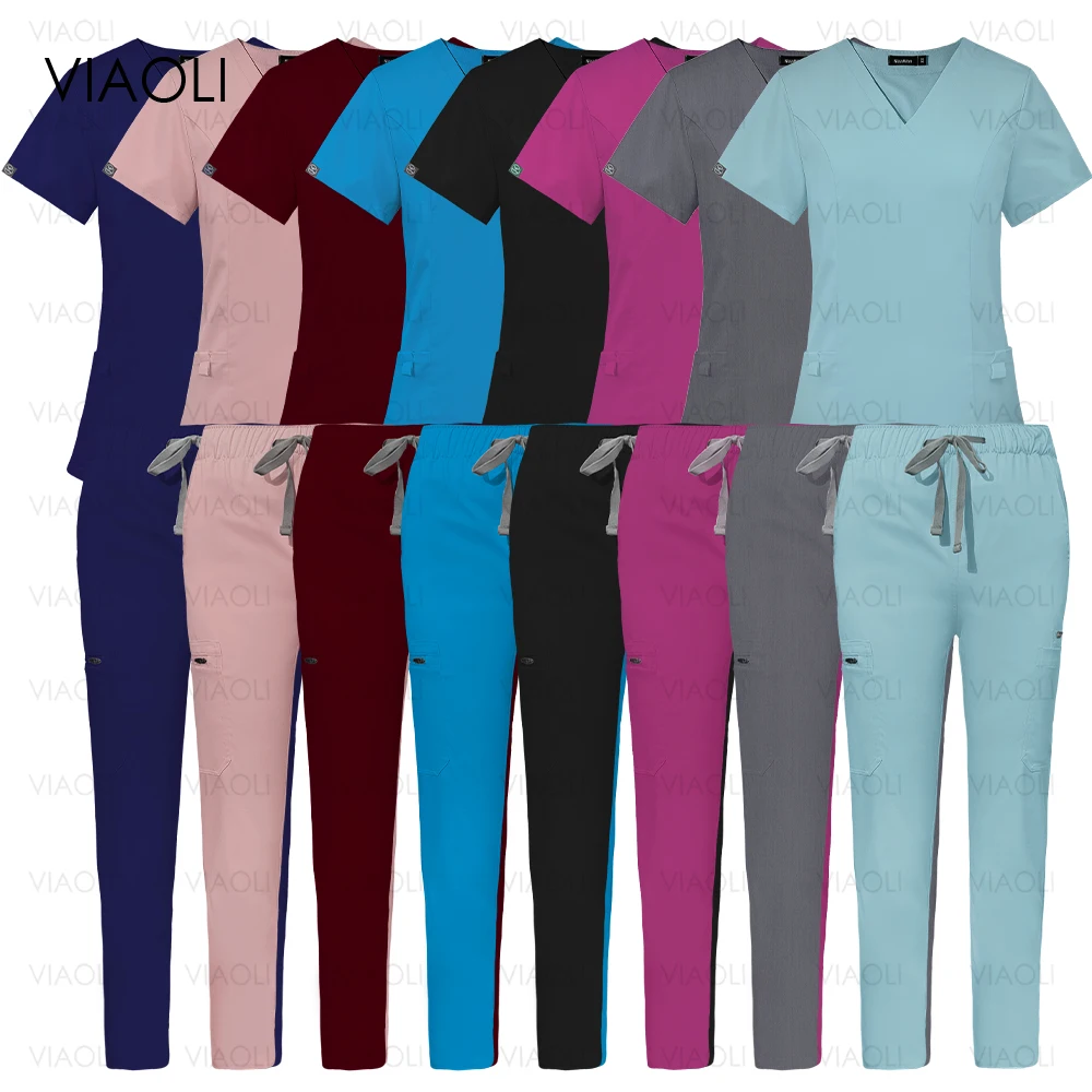 Ternos de calças retas multicoloridas para médico e enfermeira, Uniformes de enfermagem, V-neck Top, Pocket Pants, Nurse Scrubs Set, Medical, Clinical Clothes