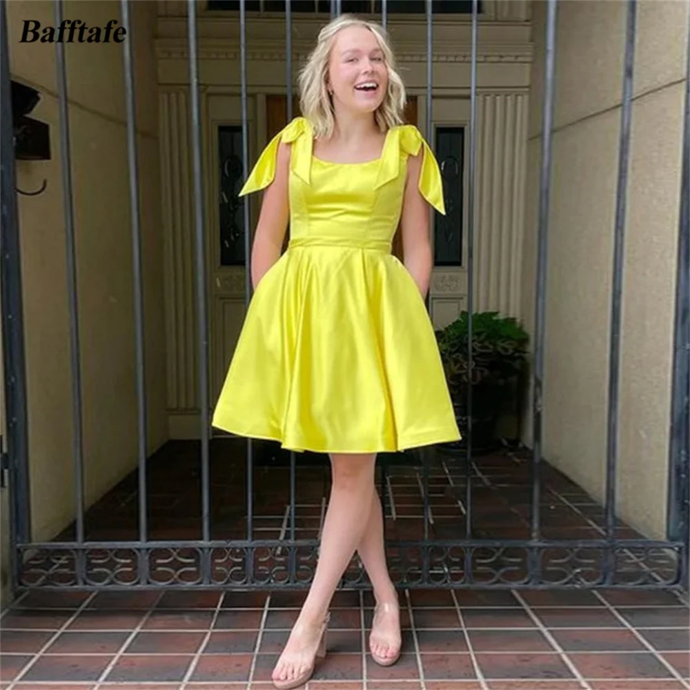 

Bafftafe Bright Yellow Satin Above Knee Mini Prom Dresses Customized Tiered Straps Women Formal Party Gown Girl Nigh Club Dress