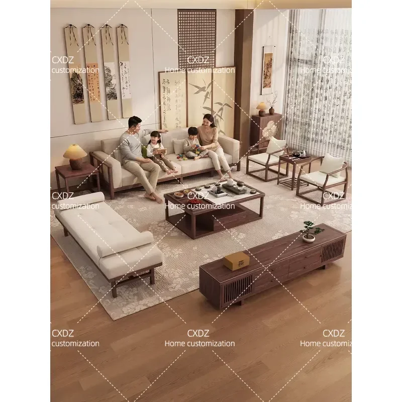 New Chinese Style North American Black Walnut Solid Wood Sofa Living Room Straight Row Sofa Song Style Aesthetic Four Leaf