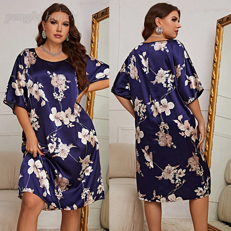 Eis Seide lose Nachthemd übergroße Nachtwäsche Frauen \\\'s sexy Print Homewear neue Lounge wear Nachthemd plus Größe 3xl 4xl 5xl