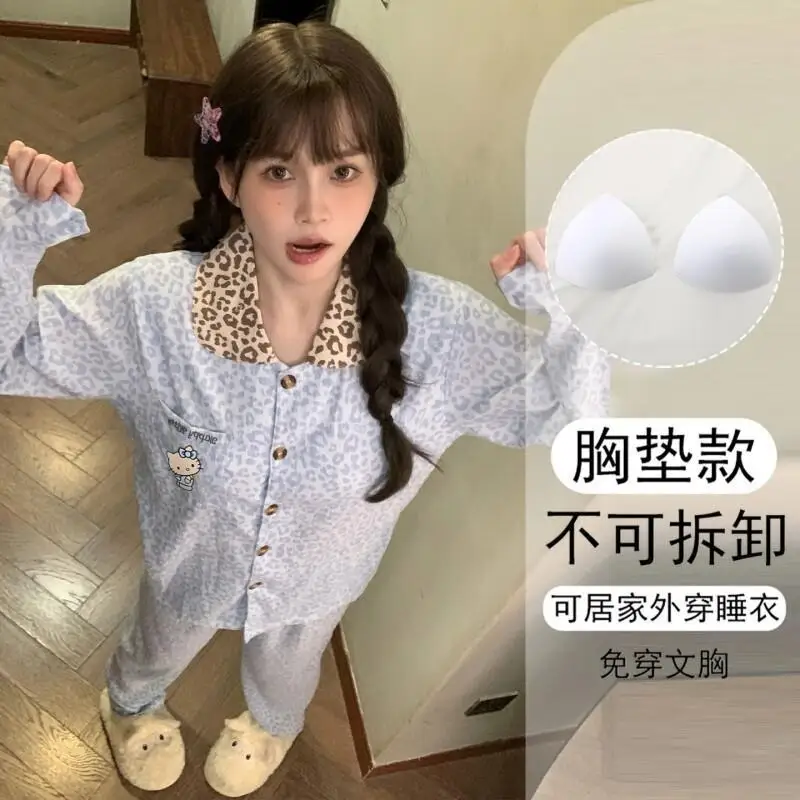 

Sanrio Hello Kitty женский пижамный комплект из хлопка с длинными рукавами и леопардовым принтом, встроенный бюстгальтер, весенне-осенняя домашняя уютная одежда для сна
